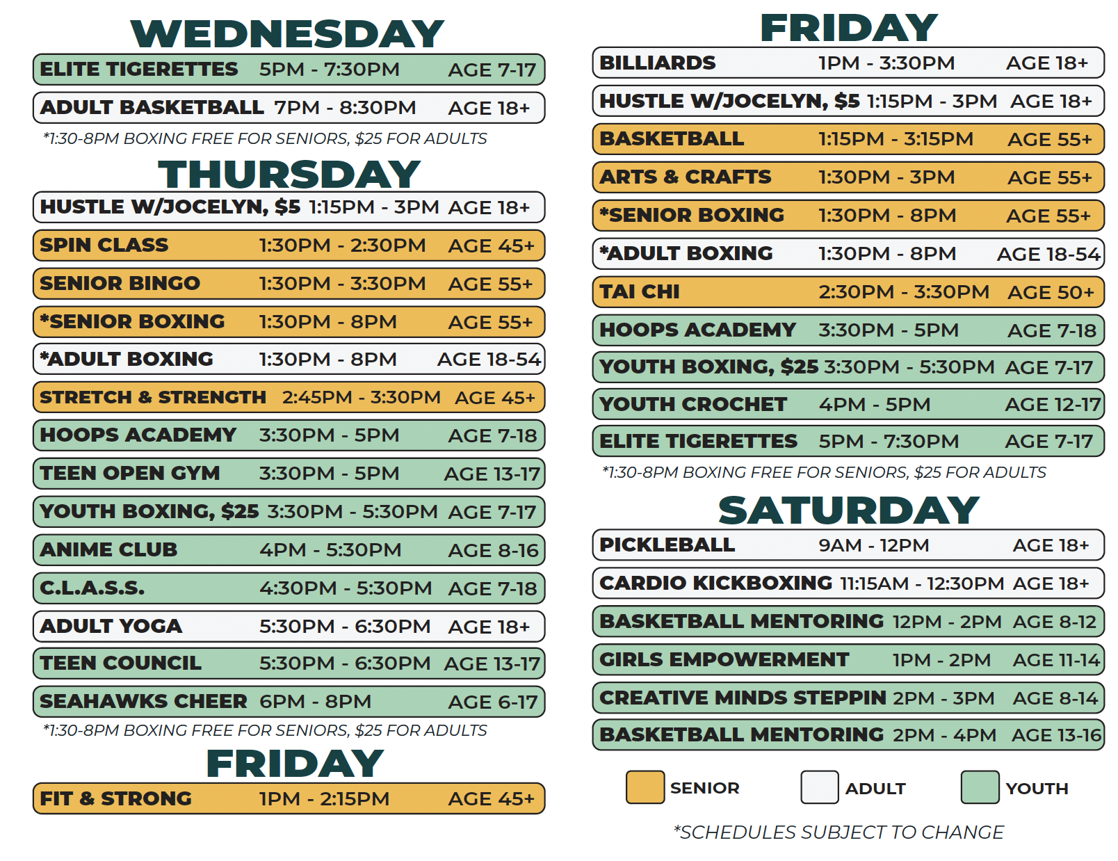 Crowell Recreation Center Winter 2026 Schedule (Wed-Sat)