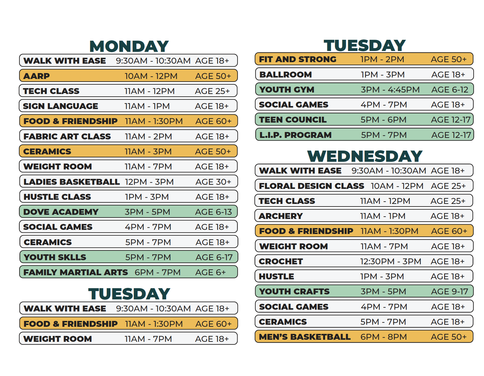 Farwell Recreation Center Winter 2026 Schedule (Mon - Wed)