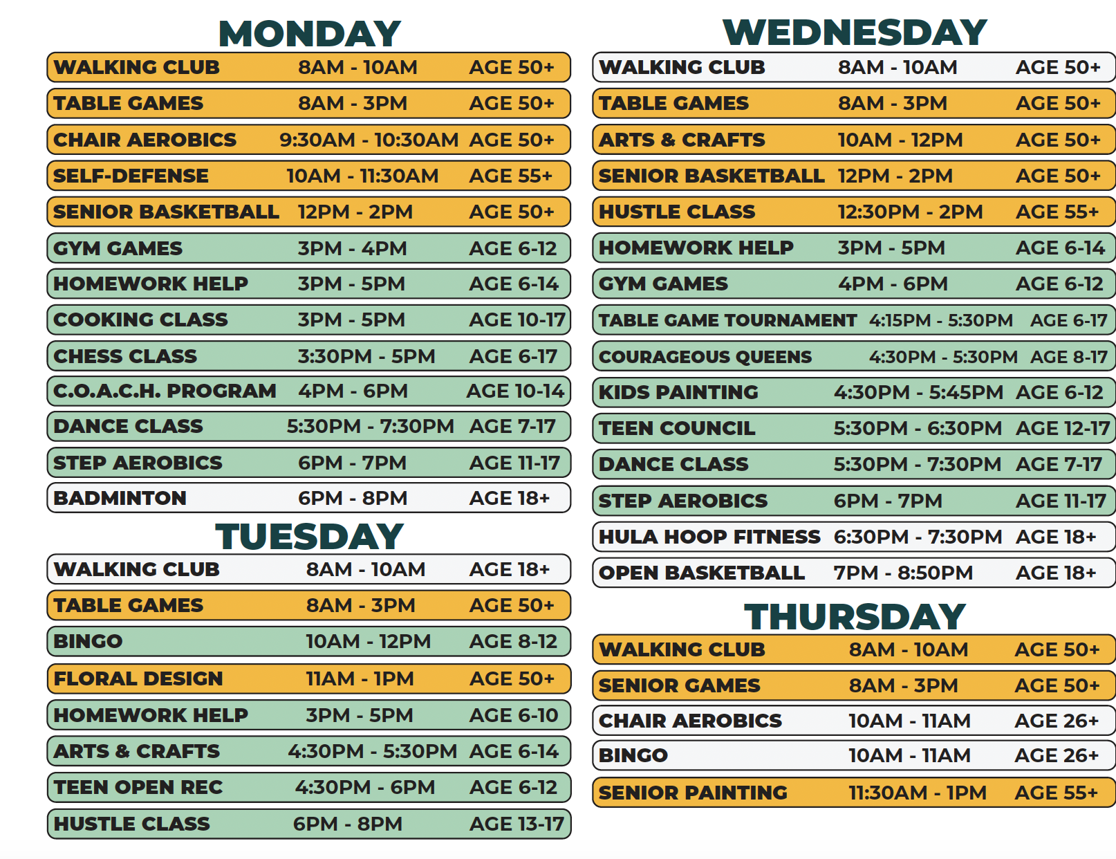 Heilmann Recreation Center Winter 2026 Schedule Monday - Thursday