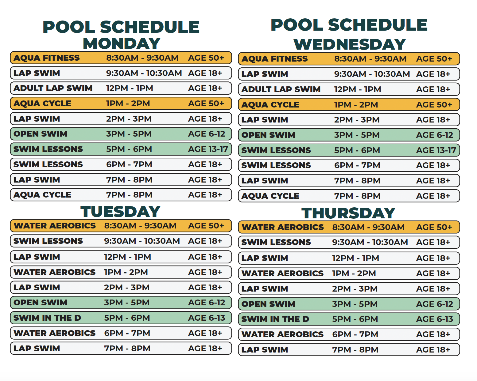 Heilmann Recreation Center Winter 2026 Pool Schedule (M-Thurs)