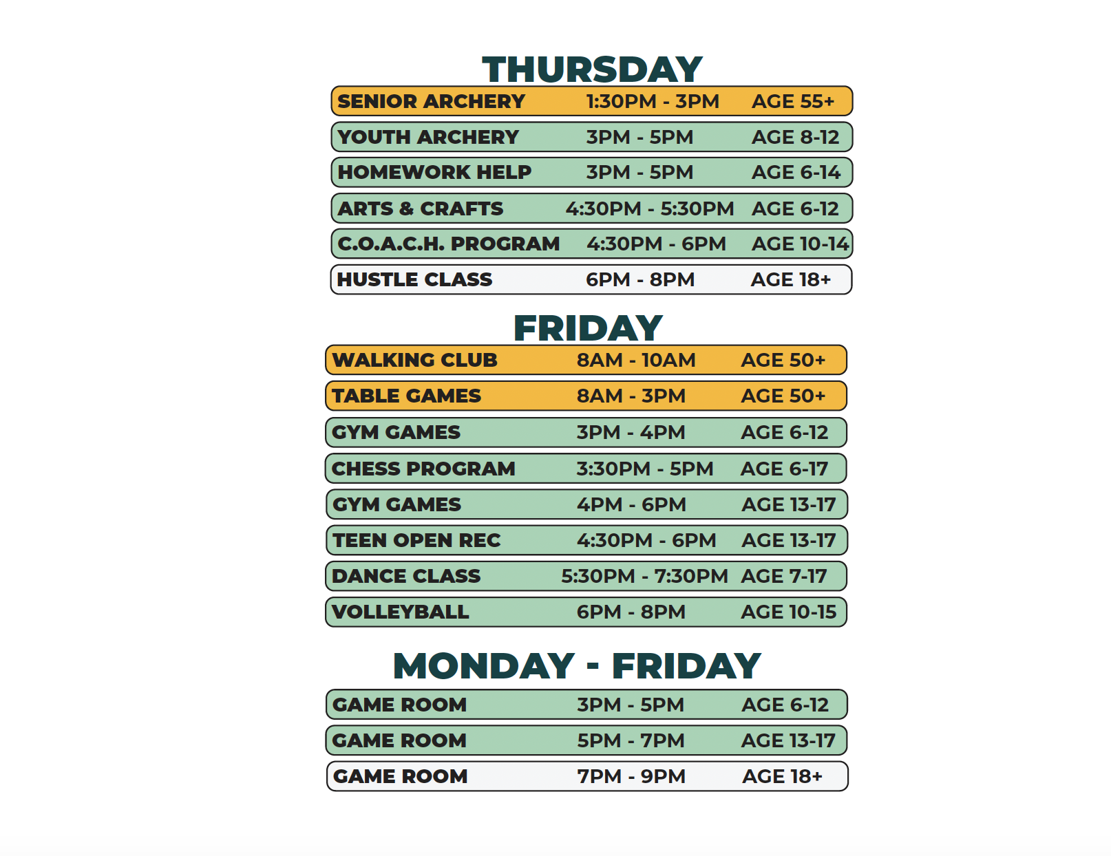 Heilmann Recreation Center Winter 2026 Schedule Thursday and Friday (with the addition of Game Room hours, M-F)
