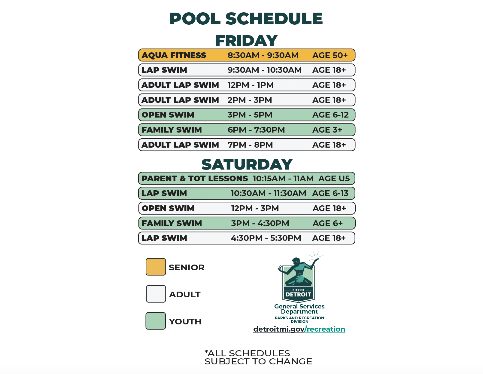 Heilmann Recreation Center Winter 2026 Pool Schedule (Friday and Saturday)