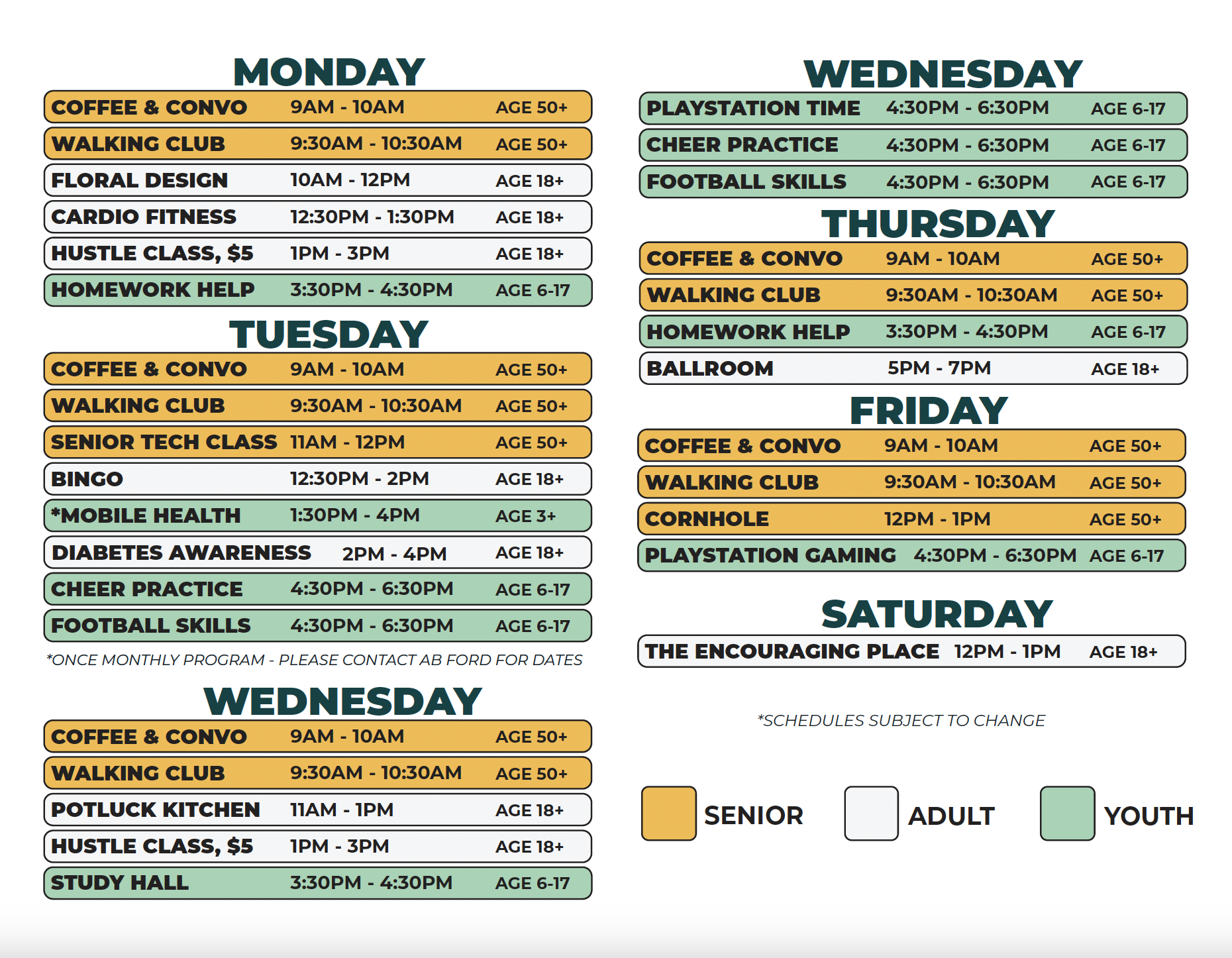 Community Center at A.B. Ford Winter 2026 Schedule (Mon - Sat)