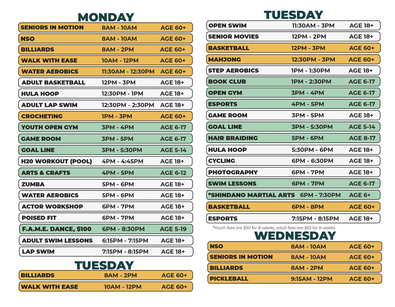Northwest Activities Center Winter 2026 Schedule - Monday thru Wednesday