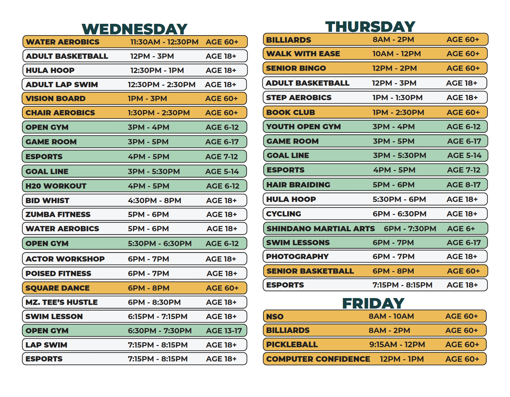 Northwest Activities Center Winter 2026 Schedule Wednesday thru Friday