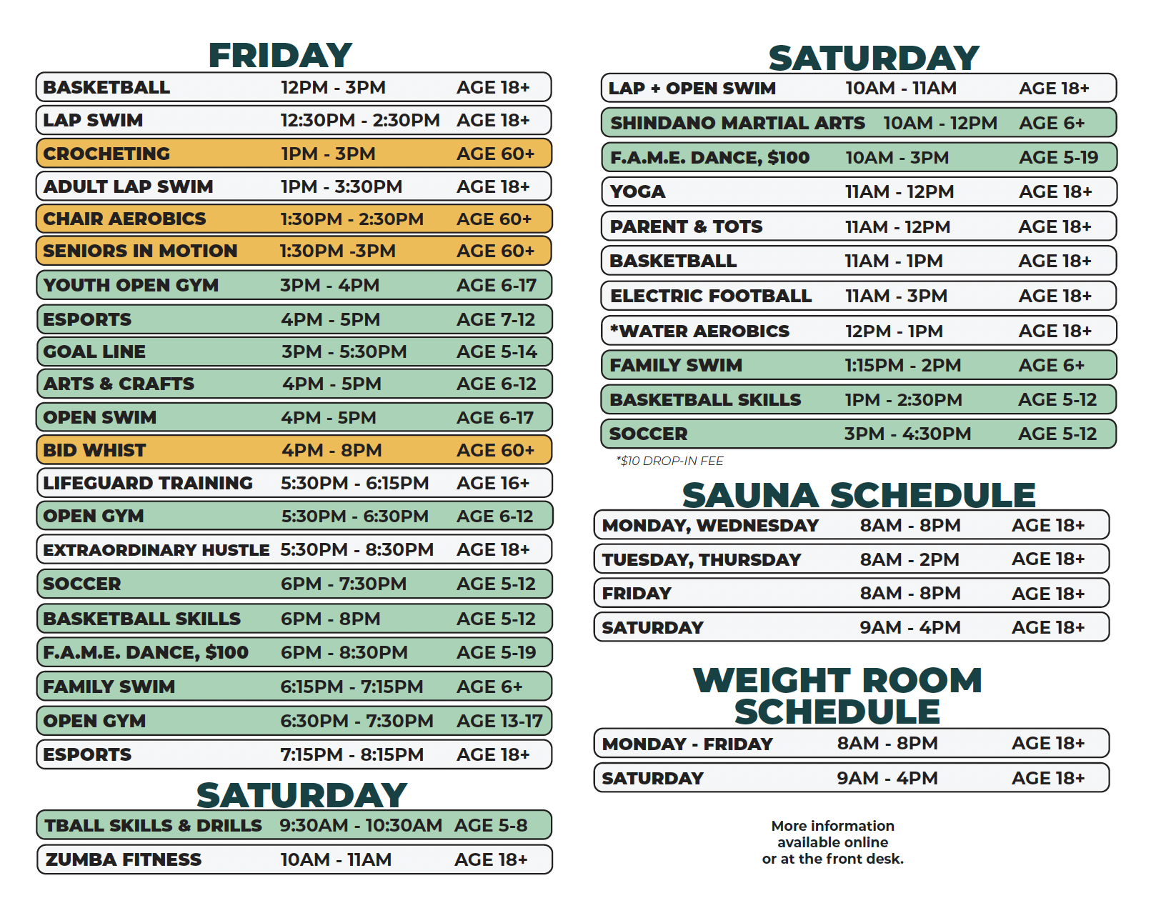 Northwest Activities Center Winter 2026 Schedule Friday to Saturday, plus the additional Monday to Saturday Sauna and Weight room Schedule