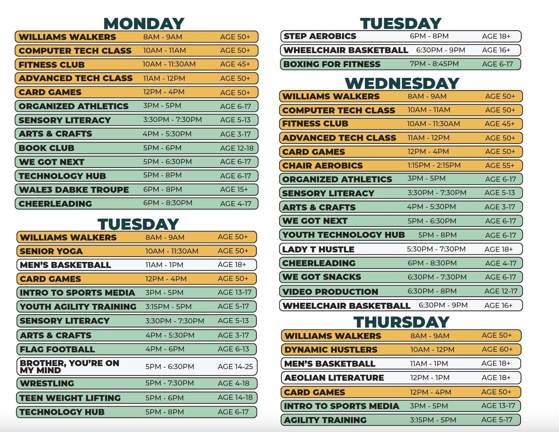Williams Recreation Center Winter 2026 Schedule (Monday - Thursday)