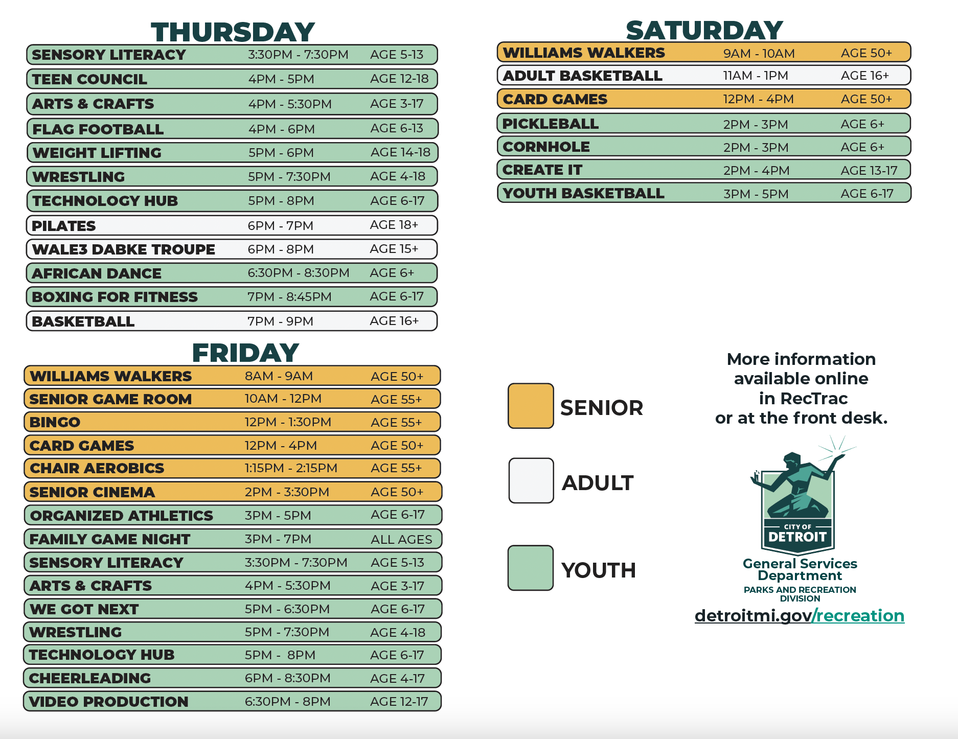 Williams Recreation Center Winter 2026 Schedule (Thurs - Sat)