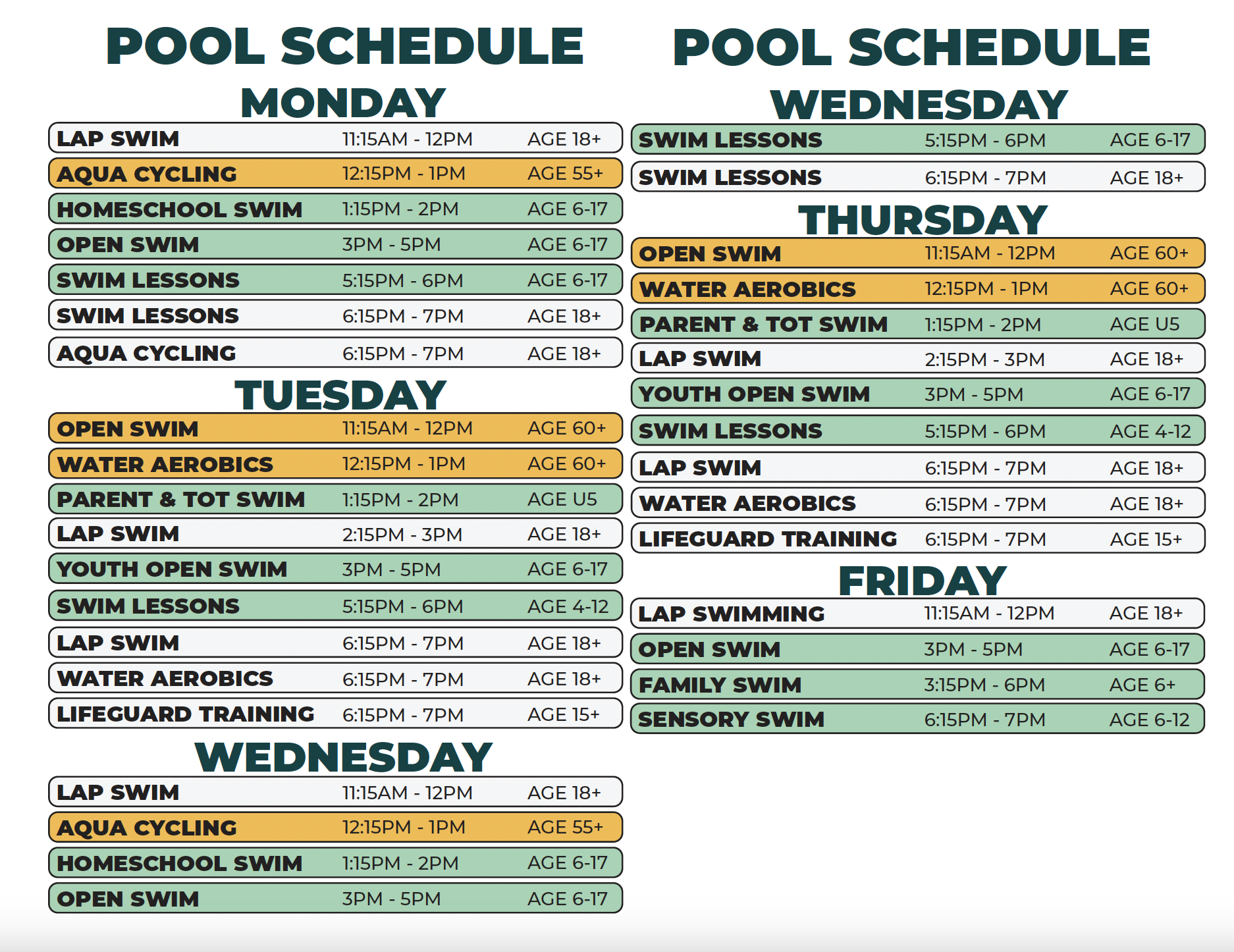 Williams Recreation Center Winter 2026 Pool Schedule (Monday - Friday)