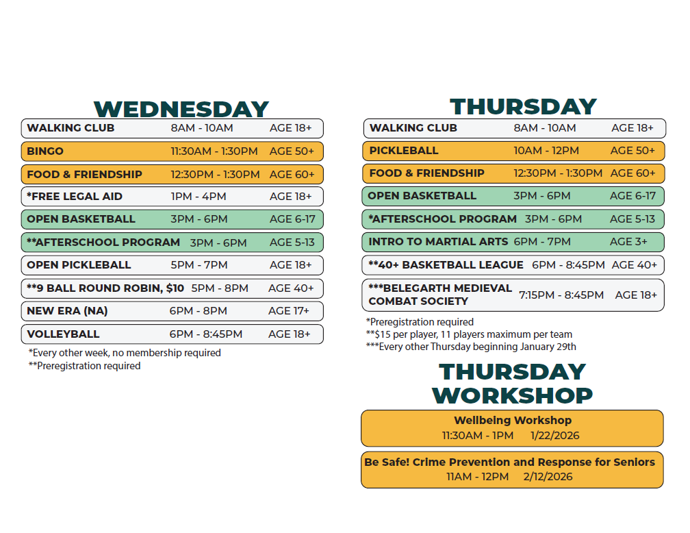 Kemeny Recreation Center Winter 2026 Schedule (updated Wed-Thurs 1/30/26)