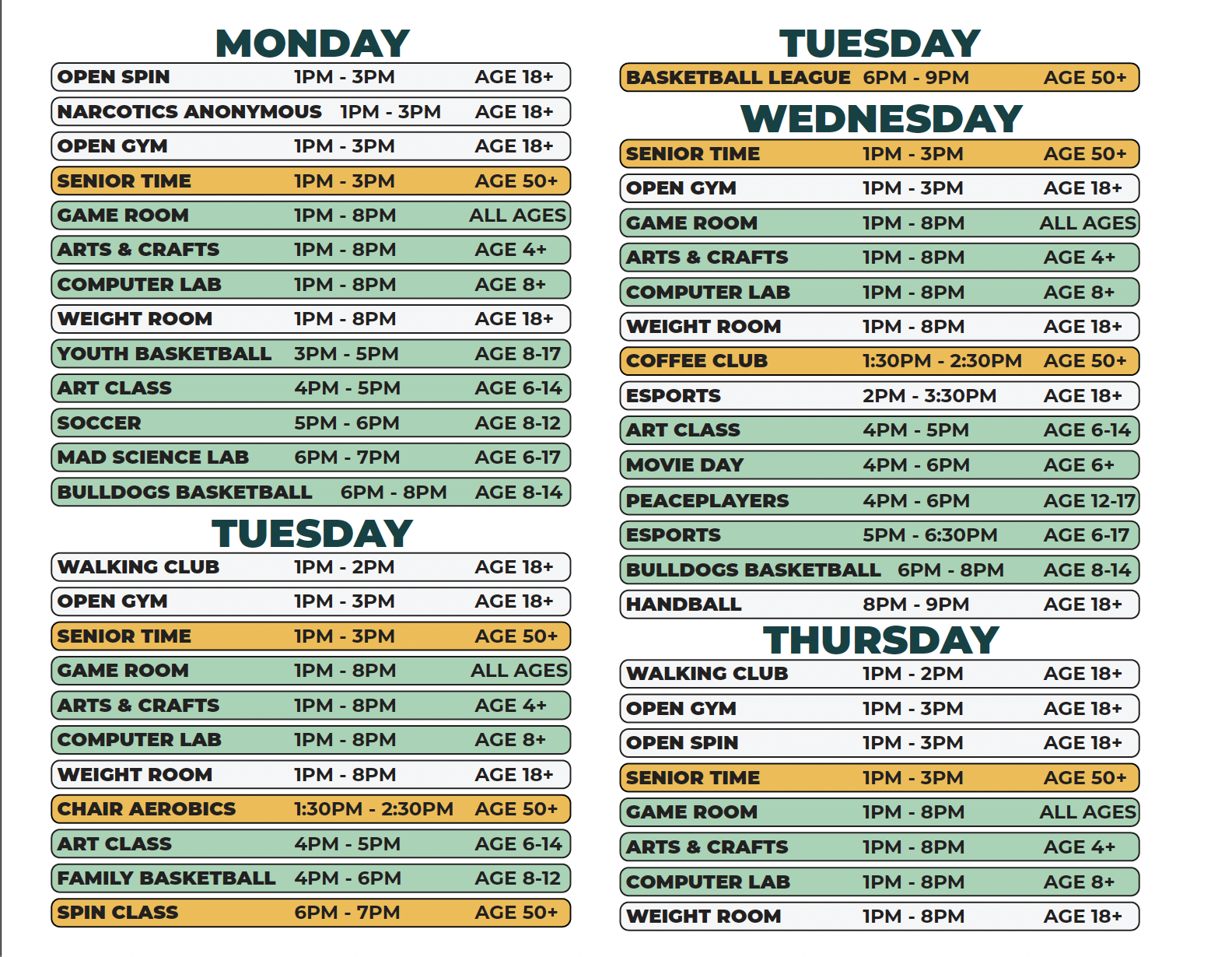 Clemente Recreation Center Winter 2026 Schedule (M-Th)