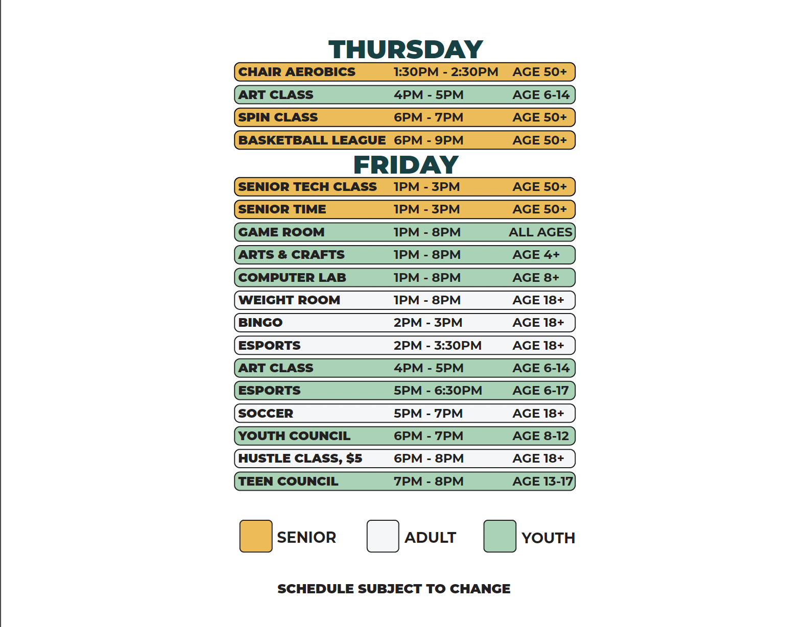 Clemente Recreation Center Winter 2026 Schedule (Thursday - Friday)