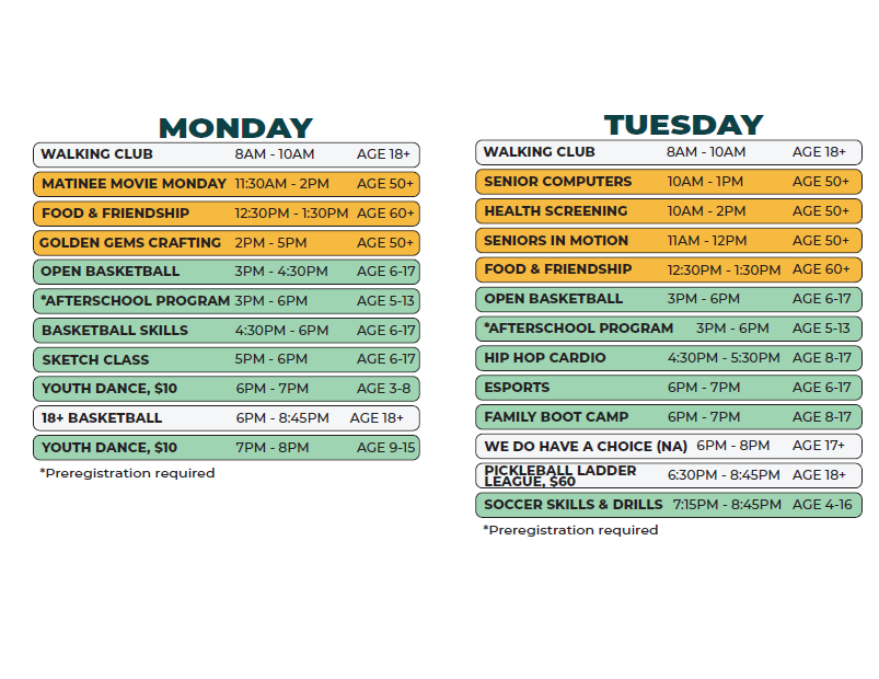 Kemeny Recreation Center Winter 2026 Schedule for Mondays and Tuesday