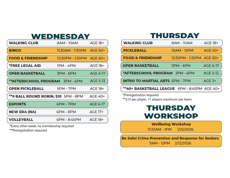 The updated Wednesday/Thursday Winter 2026 schedule for Kemeny Recreation Center