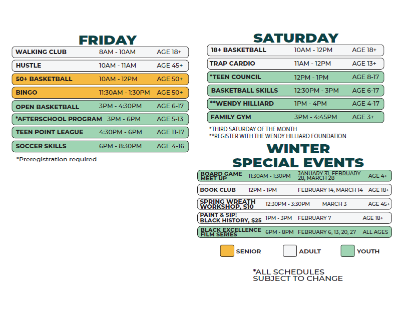 The updated Friday/Saturday Winter 2026 schedule for Kemeny Recreation Center (featuring special events)