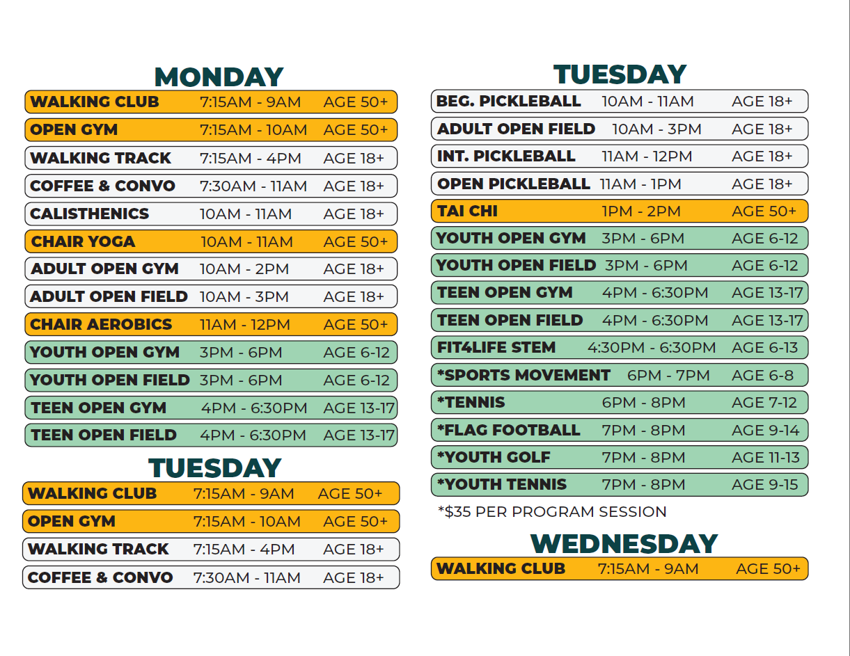 Monday and Tuesday schedule for Chandler