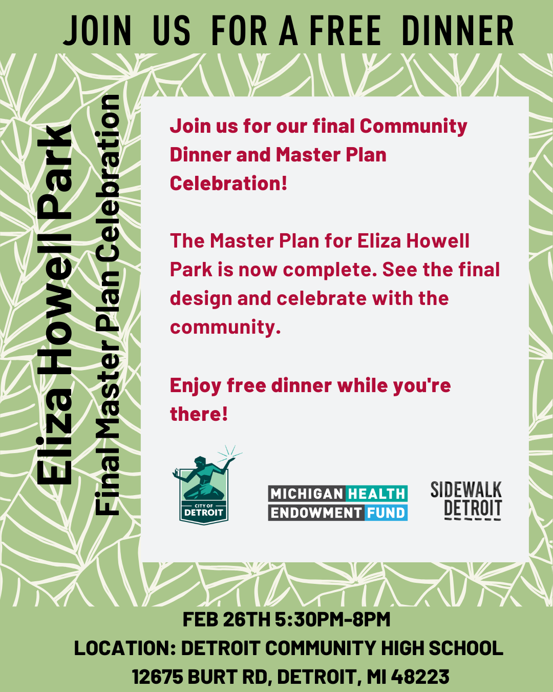 Eliza Howell Master Plan community dinner Feb 26th at 5:30pm