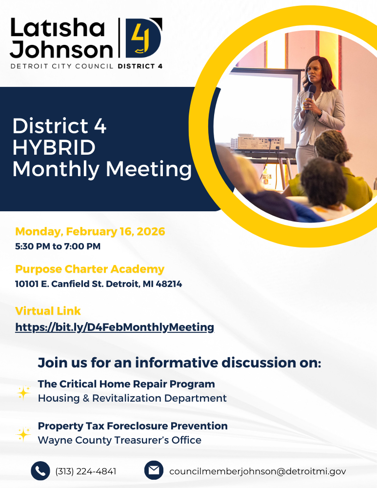 Councilwoman Johnson standing in front of a room for a monthly meeting with Feb meeting information below
