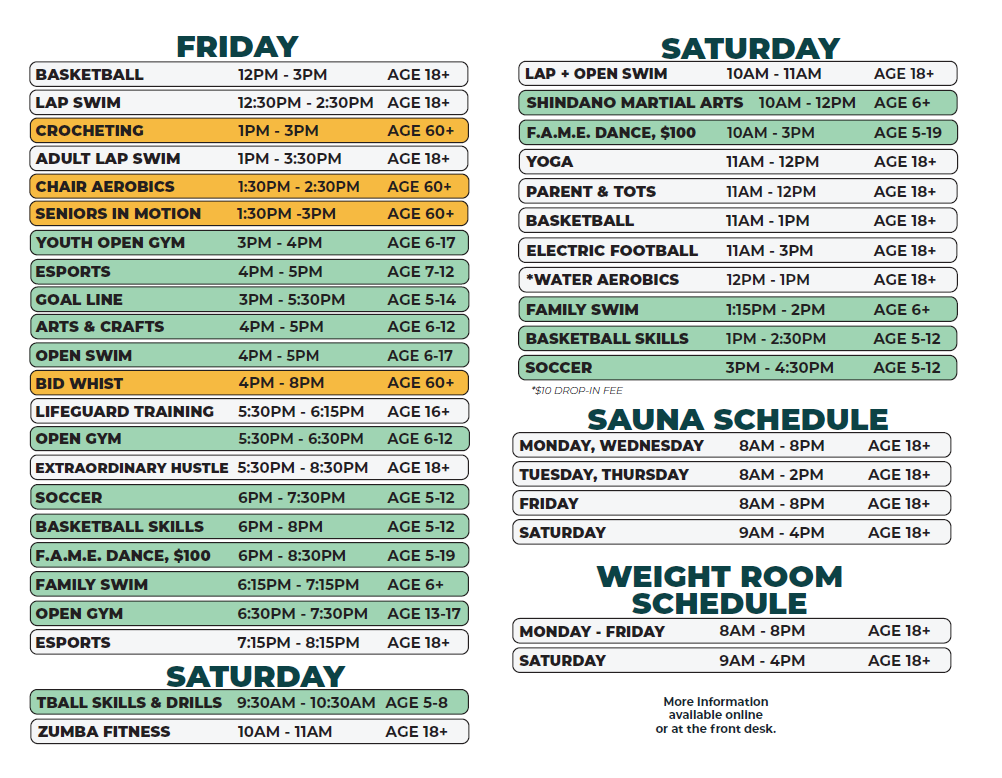 Northwest Activities Center Winter 2026 Update (F-Sat)