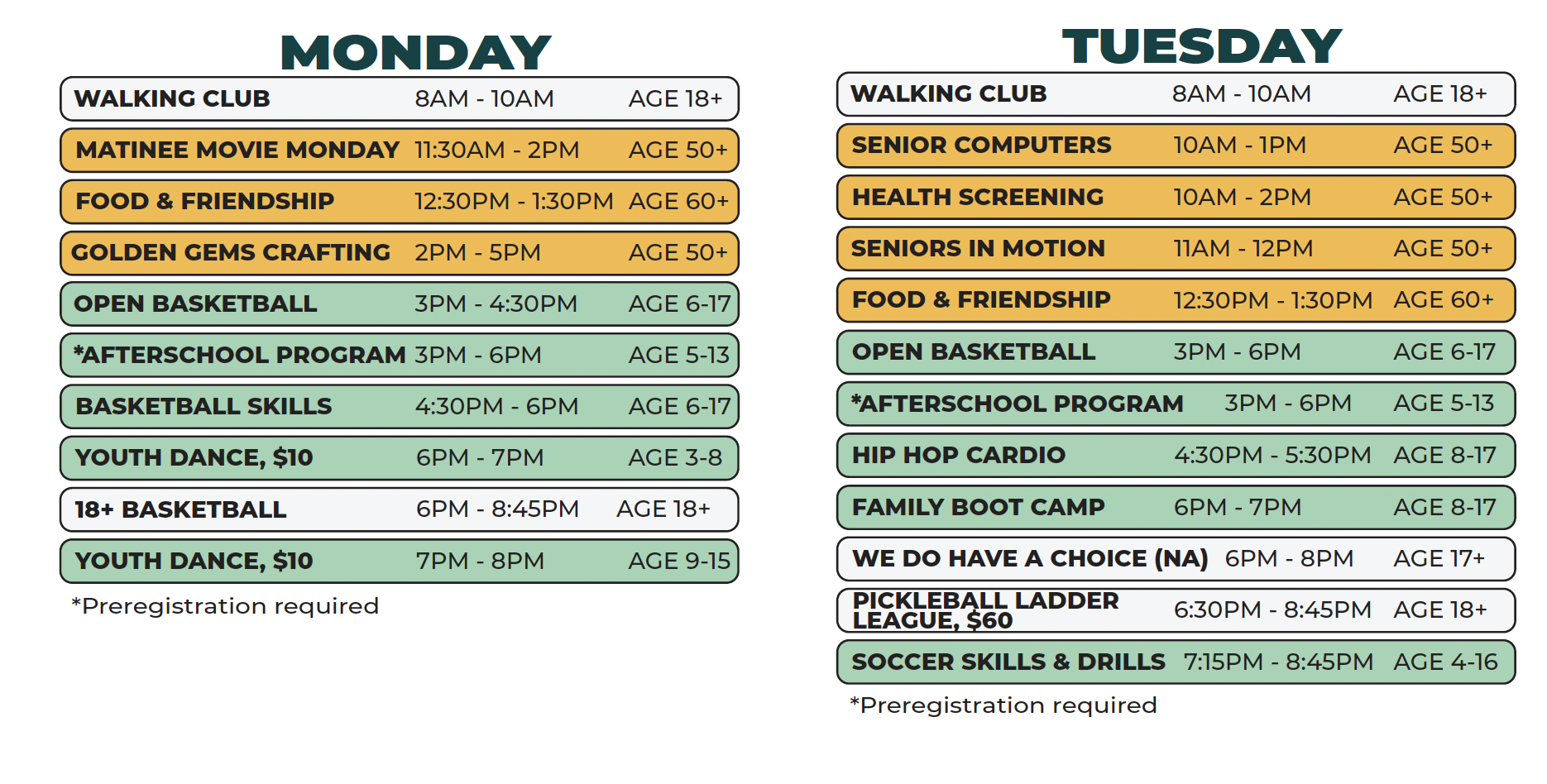 Kemeny Recreation Center - Winter Schedule Update (Mon-Tues)