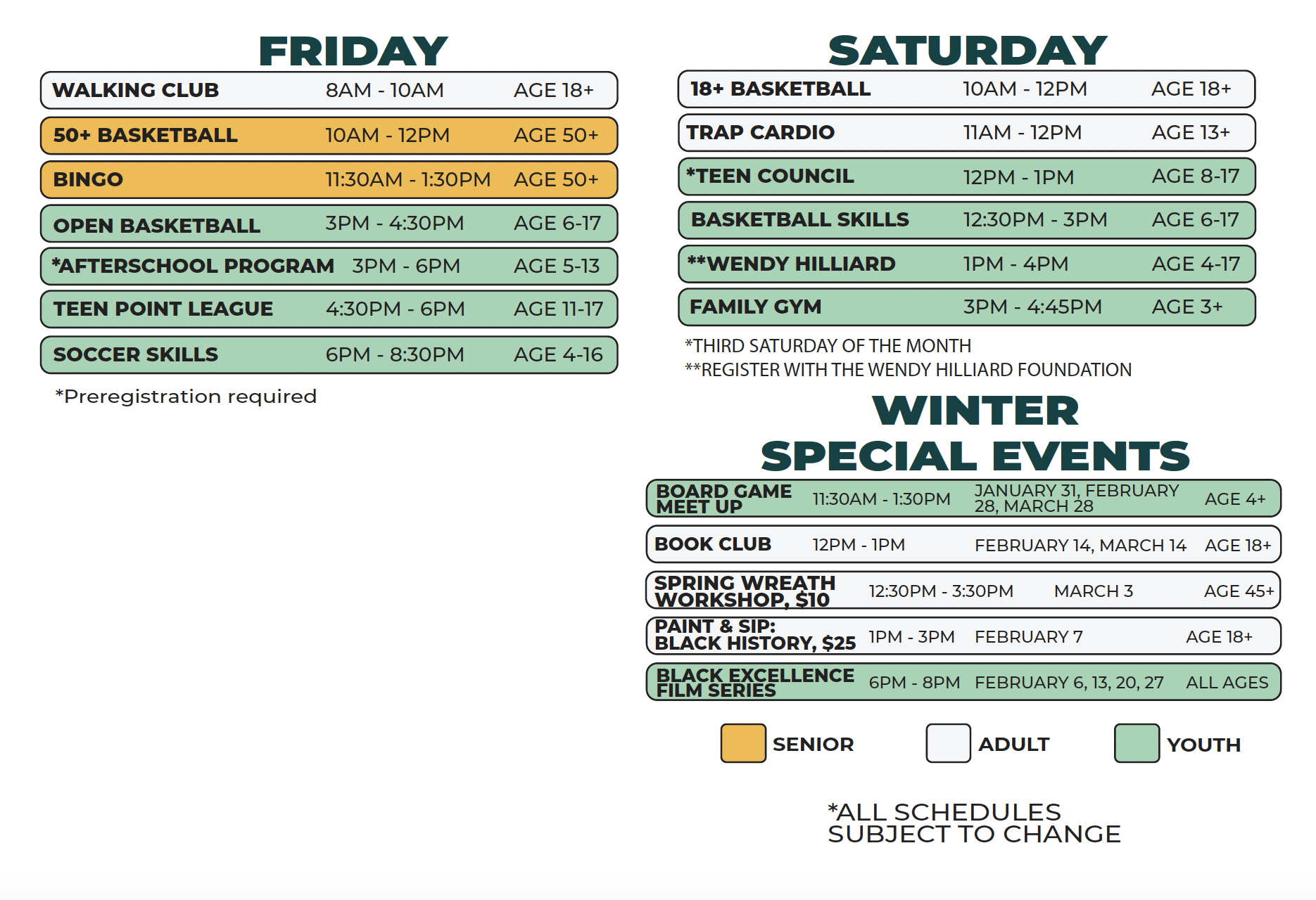 Kemeny Recreation Center - Winter Schedule Update (Friday-Saturday and Spec. Events)