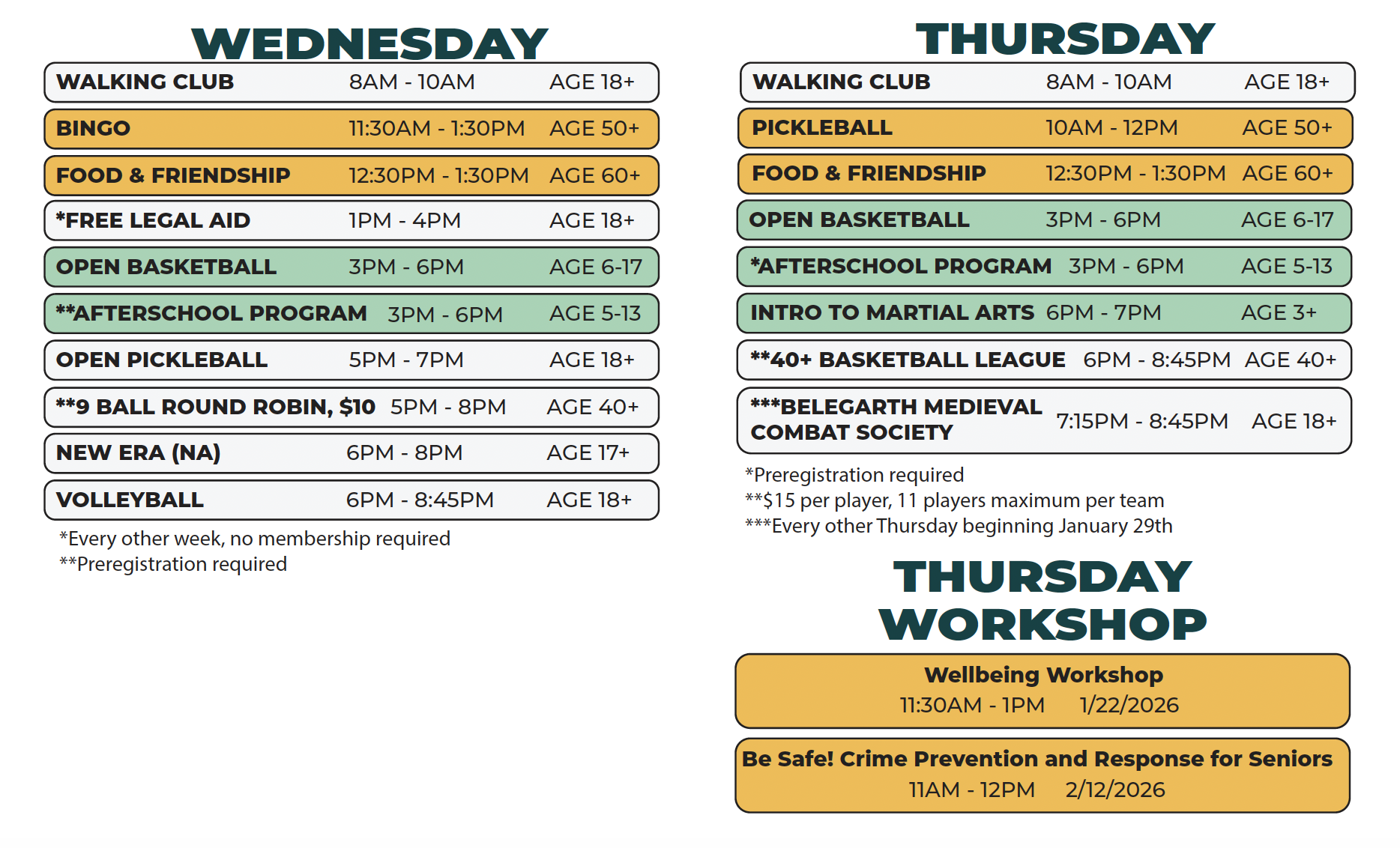 Kemeny Recreation Center - Winter Schedule Update (Wed - Thurs))