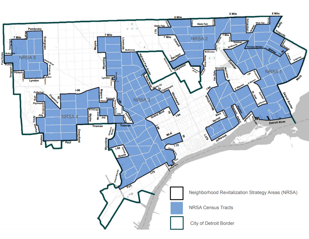 Road map showing boundaries for the five Neighborhood Revitalization Strategy Areas (NRSAs) from the 2025-2029 NRSA Plan.