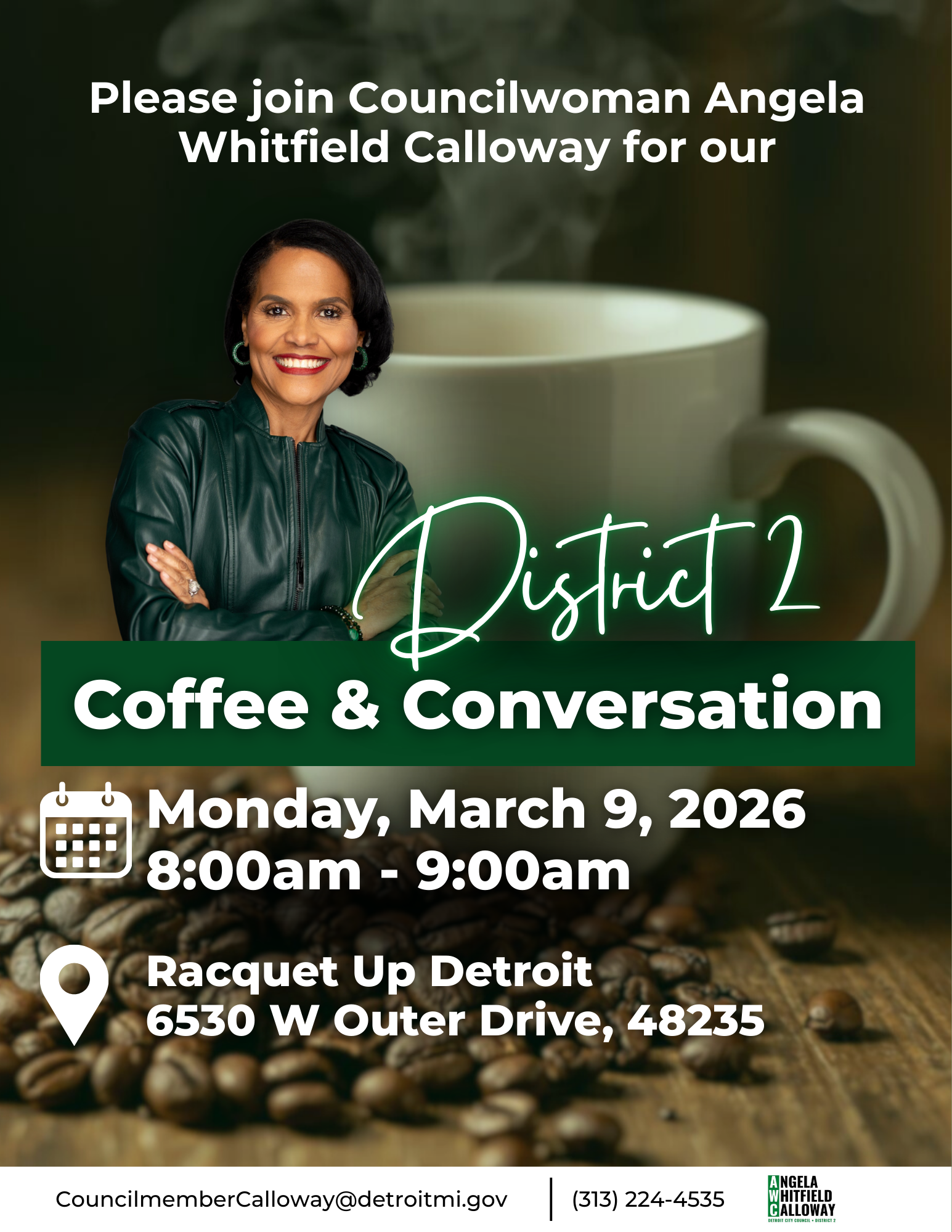 Coffee cup, coffee beans, councilmember angela whitfield calloway community coffee hour on march 9