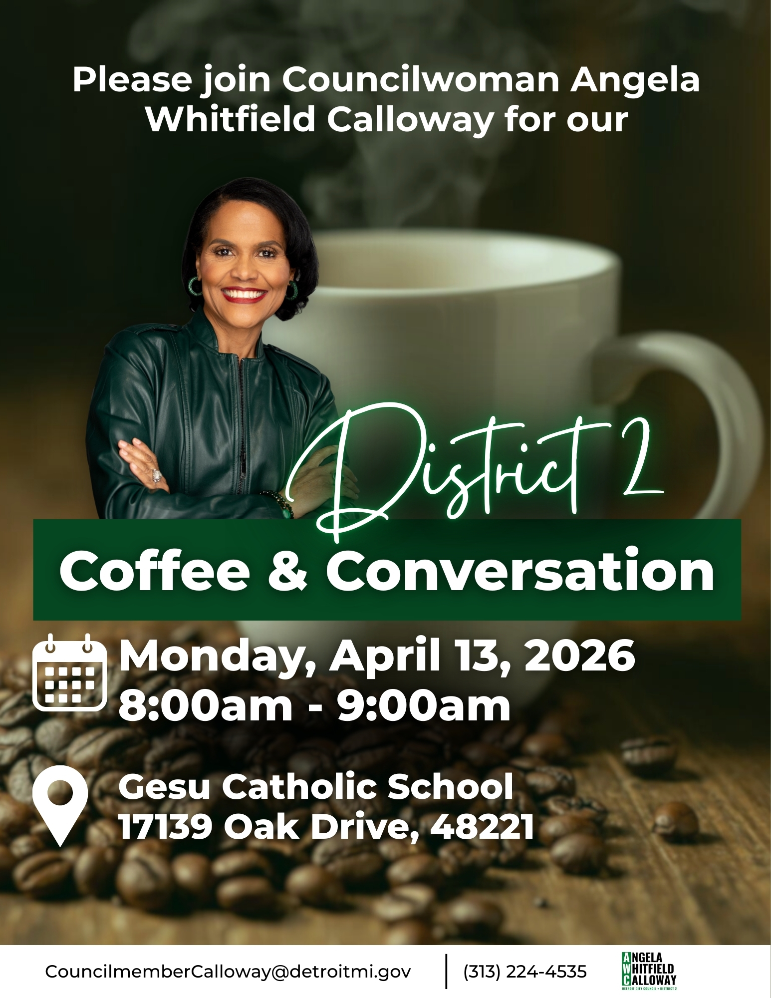 Coffee cup, coffee beans, councilmember angela whitfield calloway community coffee hour on march 9