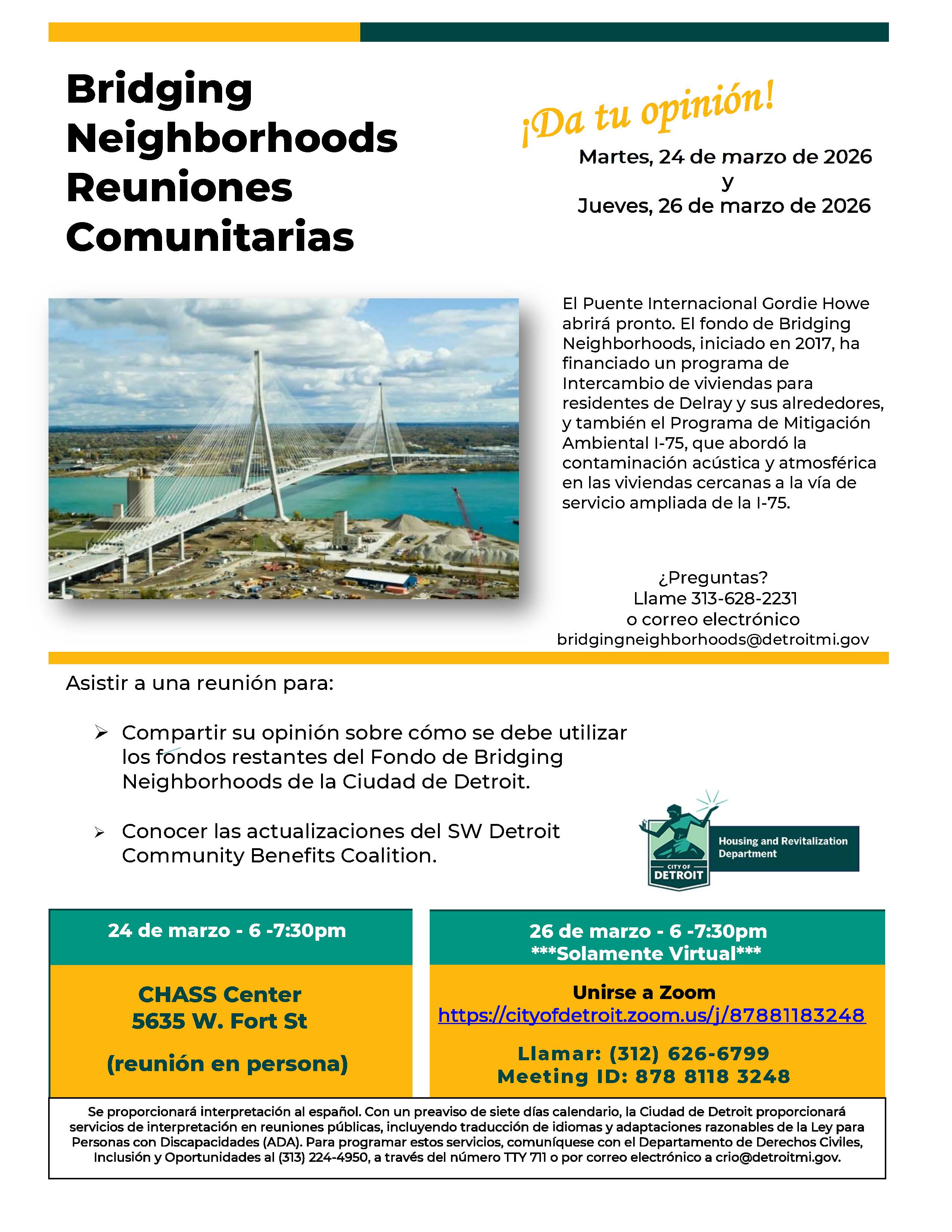 Bridging Neighborhoods Community Meeting Flier Spanish