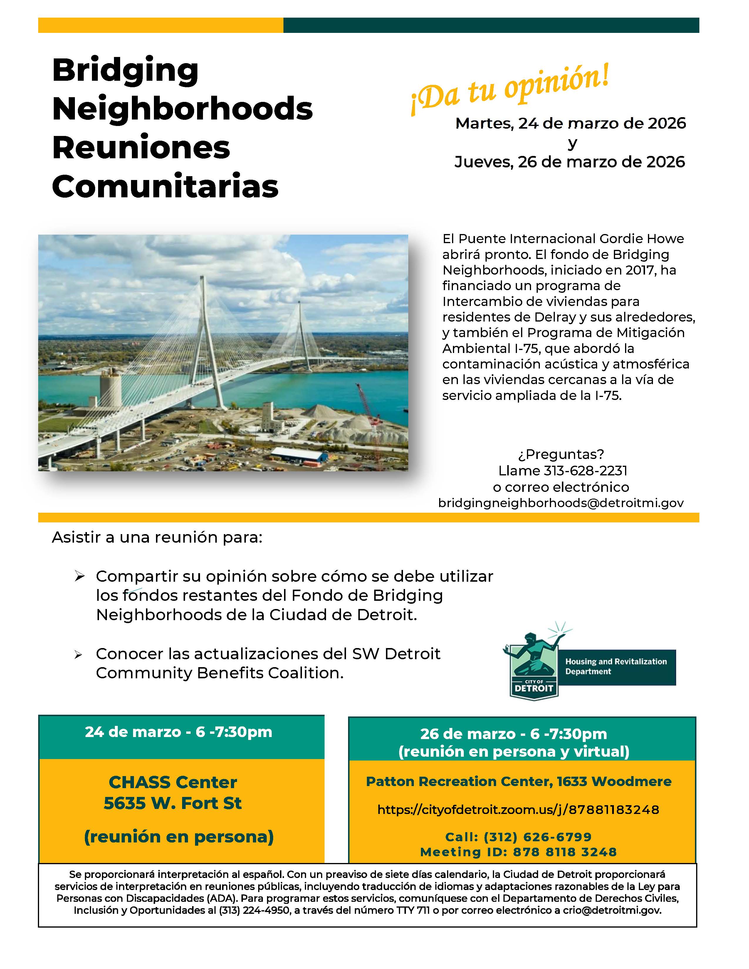 Bridging Neighborhoods Community Meeting Flier - Spanish