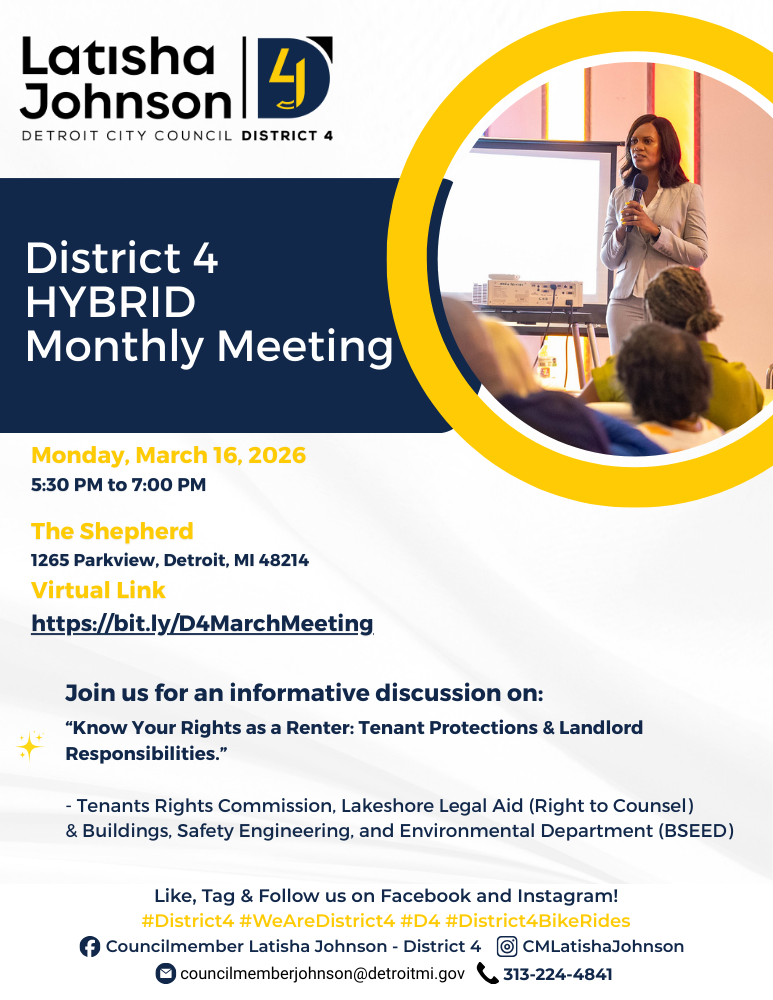 Councilwoman Johnson standing in front of a room for a monthly meeting with March meeting information below