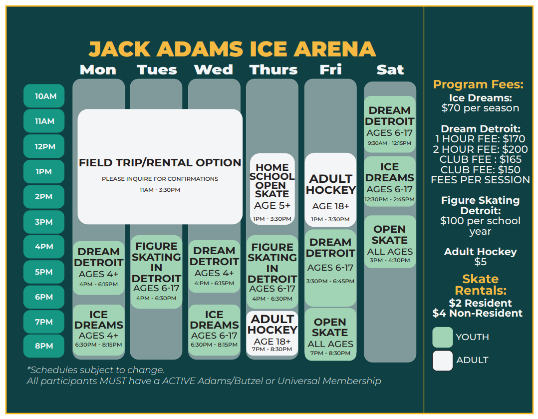 Jack Adams Ice Arena Winter 2026 Schedule (Mon - Sat)
