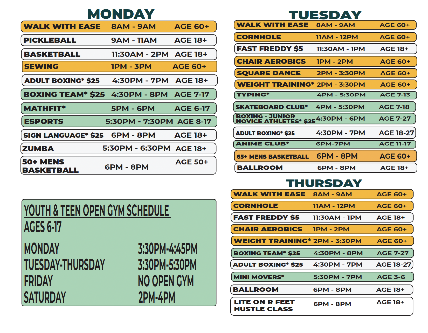 The Monday, Tuesday, and Thursday Spring 2026 schedule for Adams Butzel Complex 