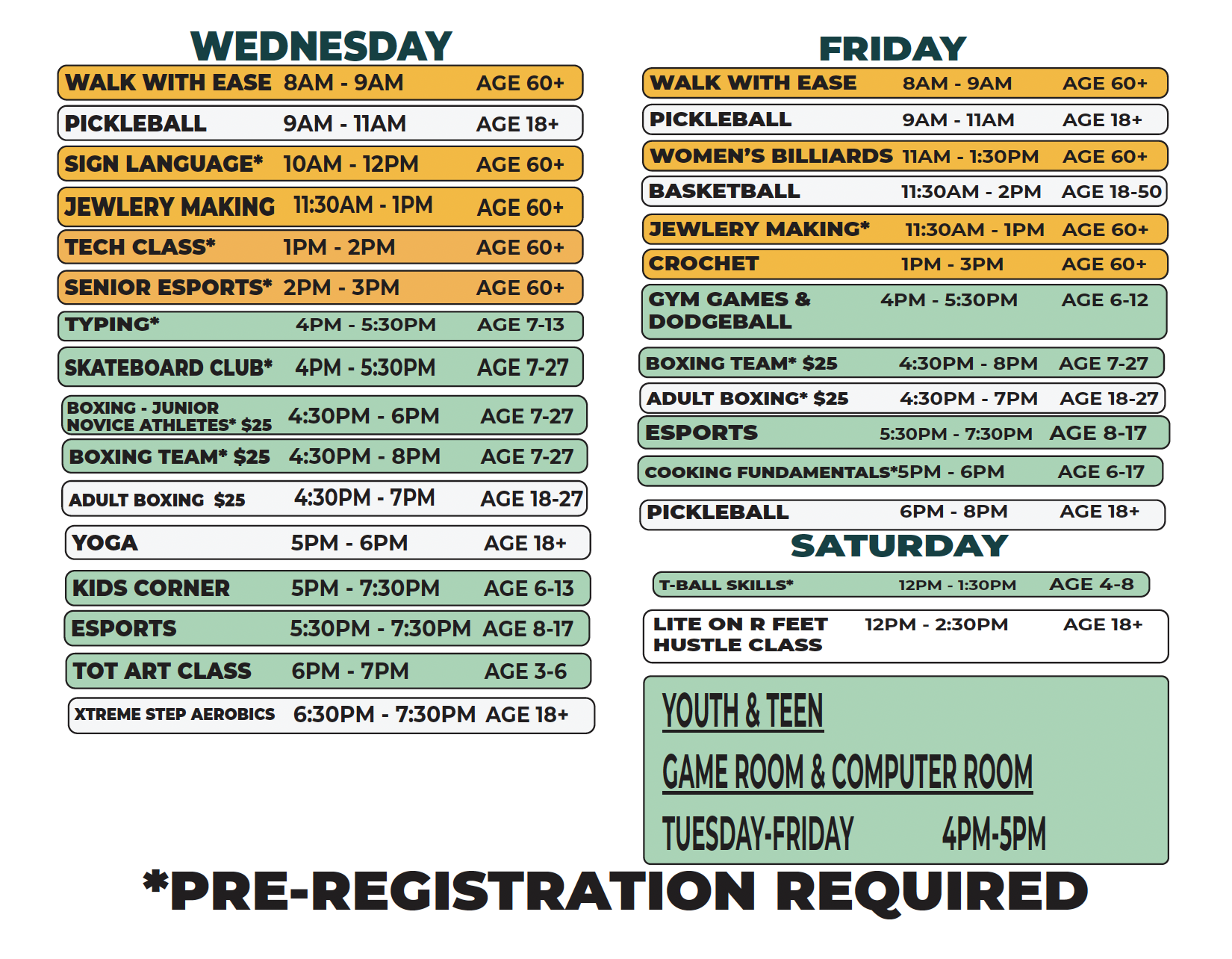 The Wednesday, Friday, and Saturday Spring 2026 schedule for Adams Butzel Complex