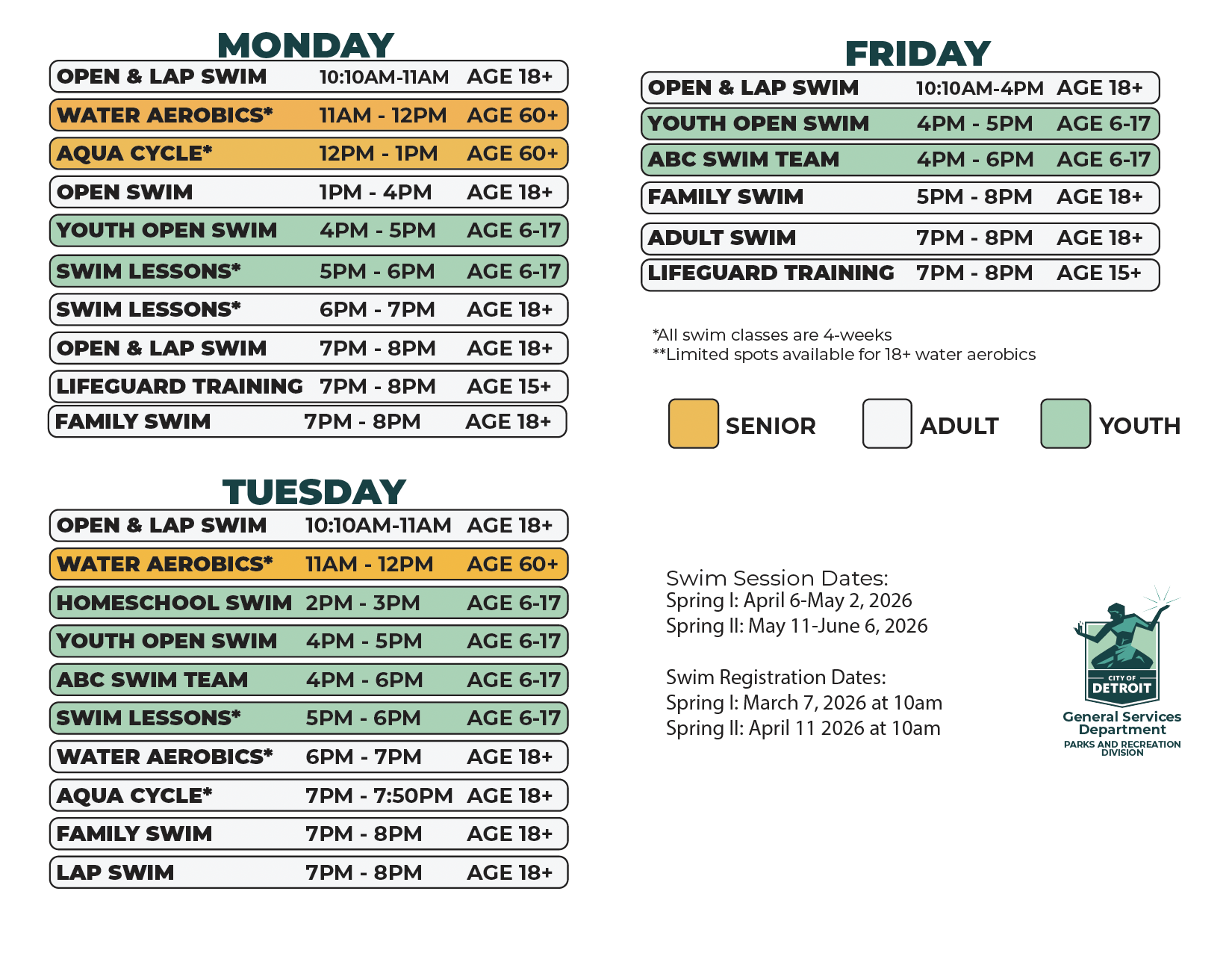 The Monday, Tuesday, and Friday 2026 aquatics schedule for Adams Butzel Complex