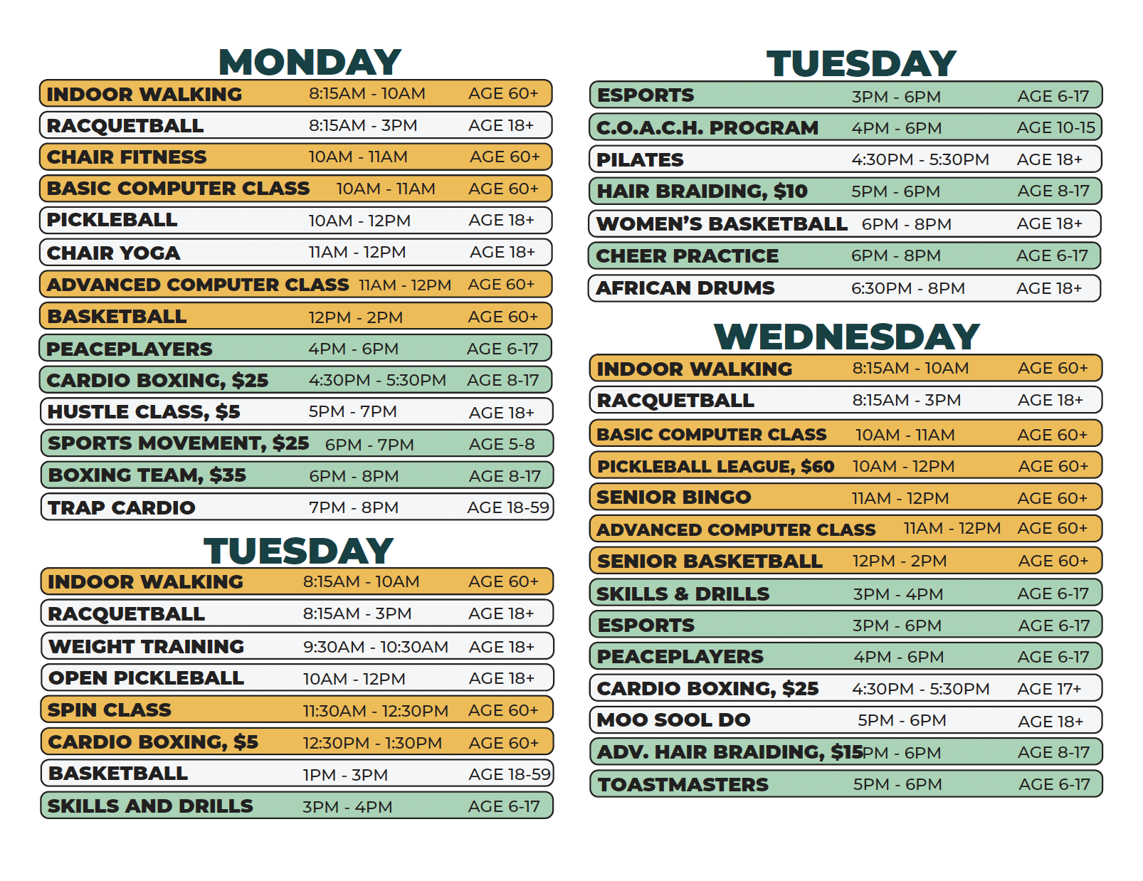 CYC Spring 2026 schedule (Monday - Wednesday)