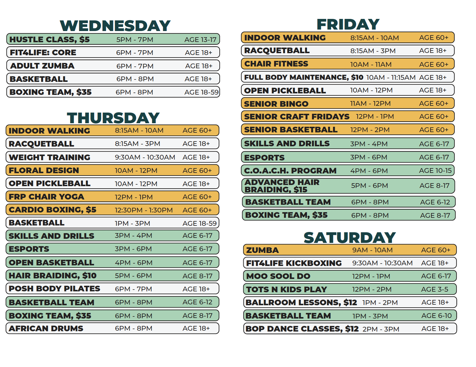 CYC Spring 2026 Schedule (Wednesday - Saturday)