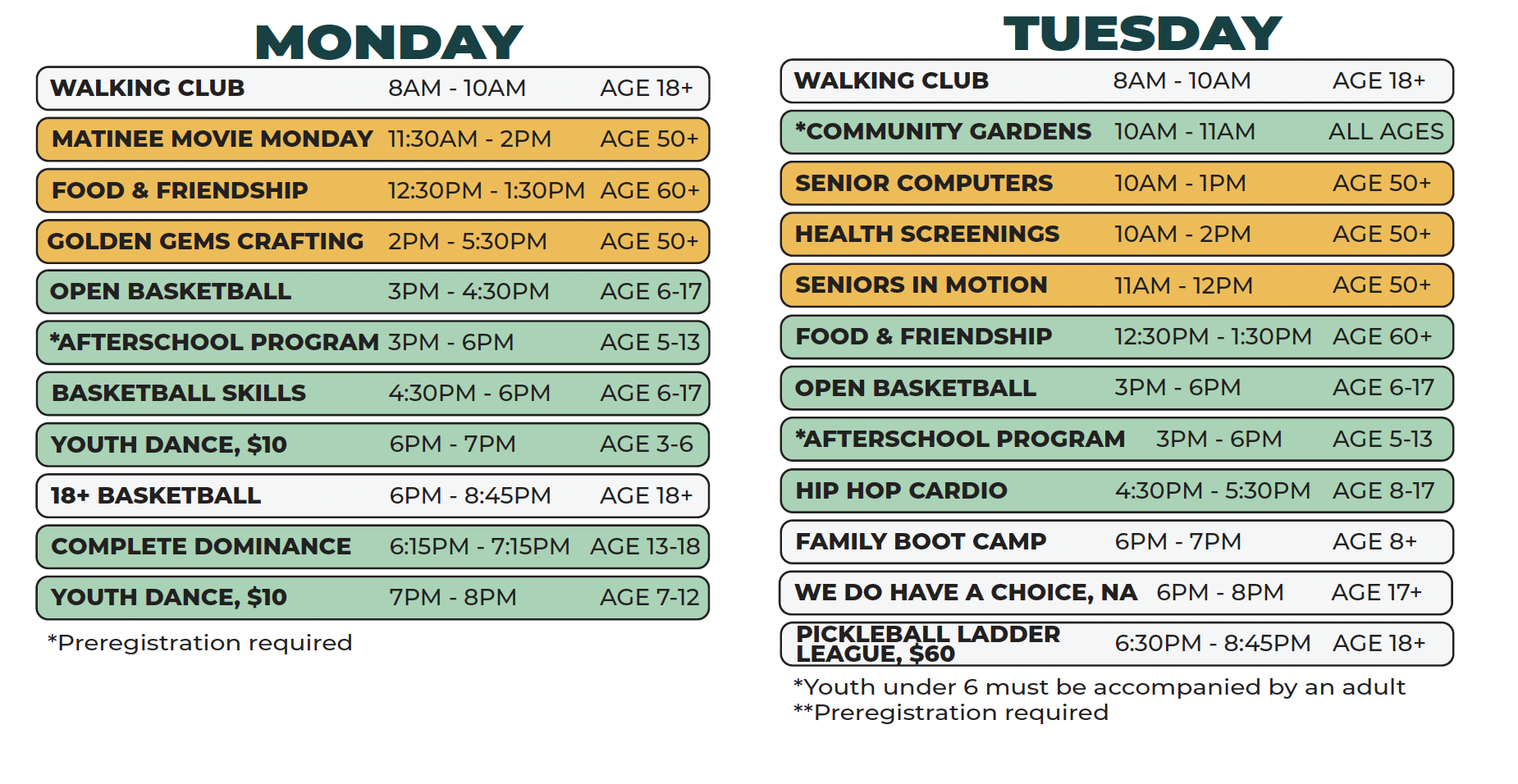 Kemeny Recreation Center Spring 2026 schedule (Monday - Tuesday)