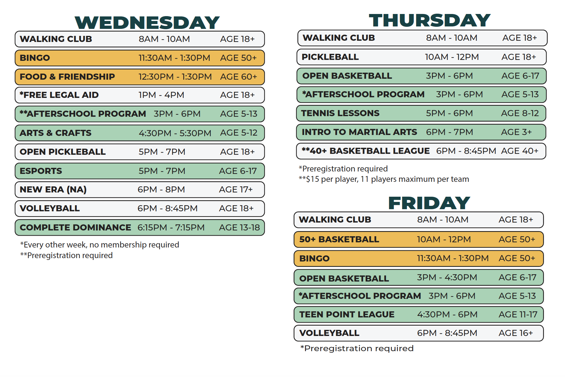Kemeny Recreation Center Spring 2026 schedule (Wednesday to Friday)