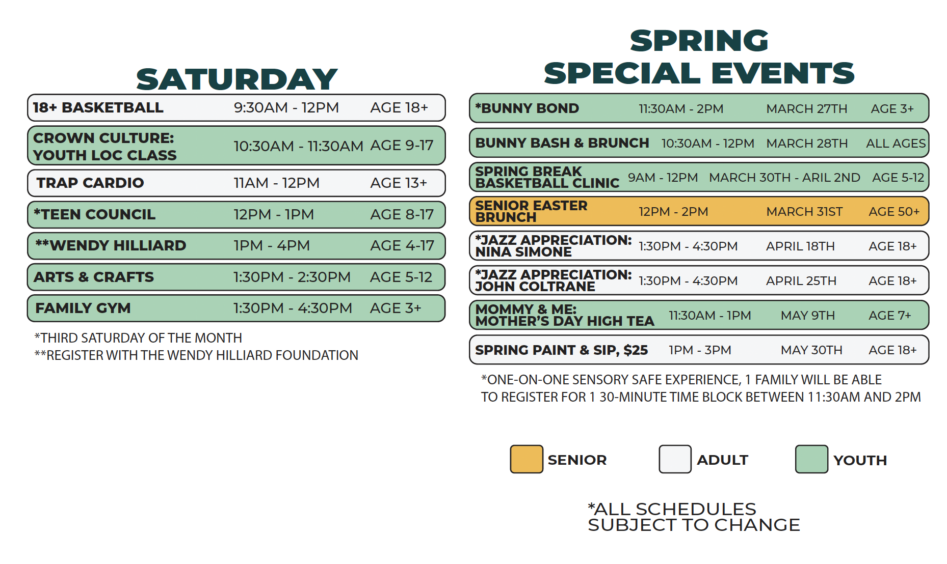Kemeny Recreation Center Spring 2026 (Saturday and Special Events)