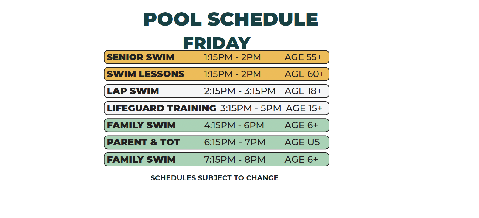 Patton Recreation Center Spring 2026 Pool Schedule (Fri)