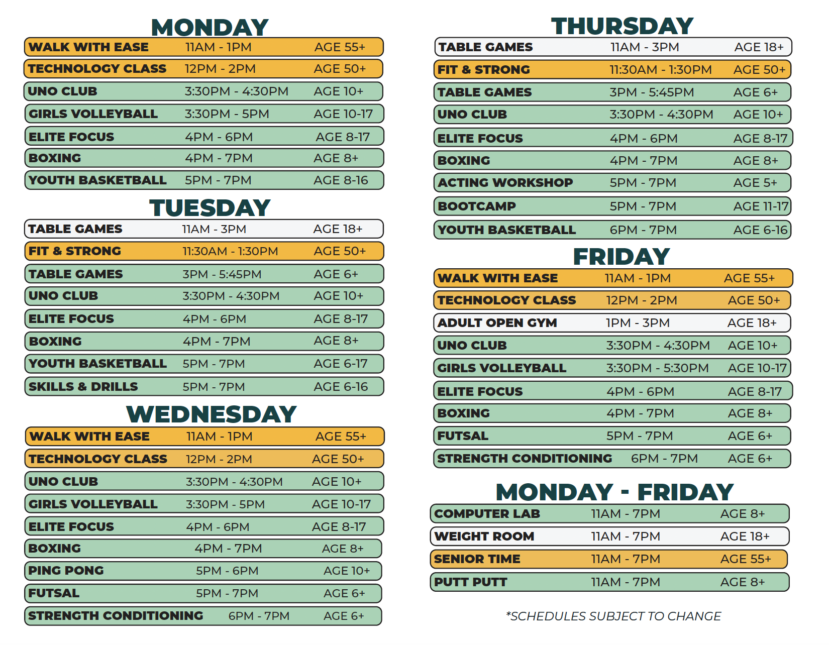 Lasky Recreation Center Spring 2026 Schedule 