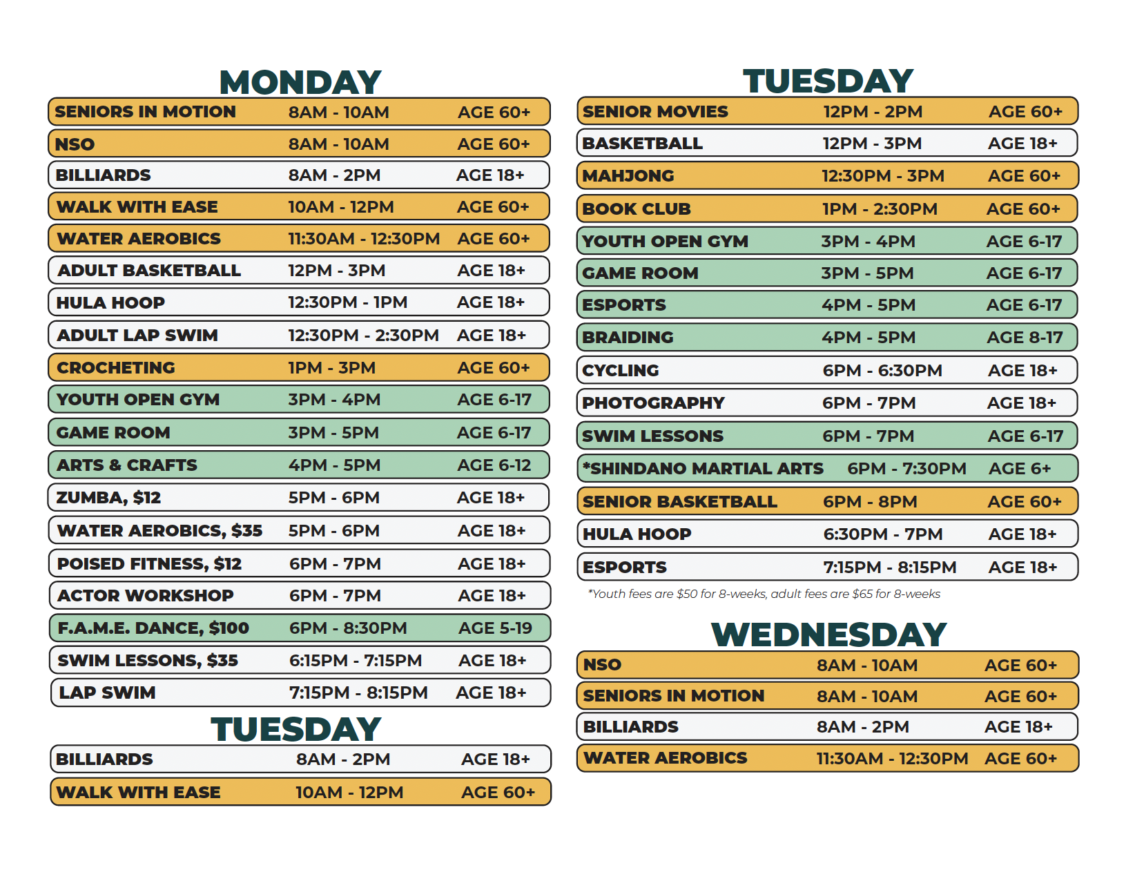 NWAC Spring 2026 Schedule (Monday to Wednesday)