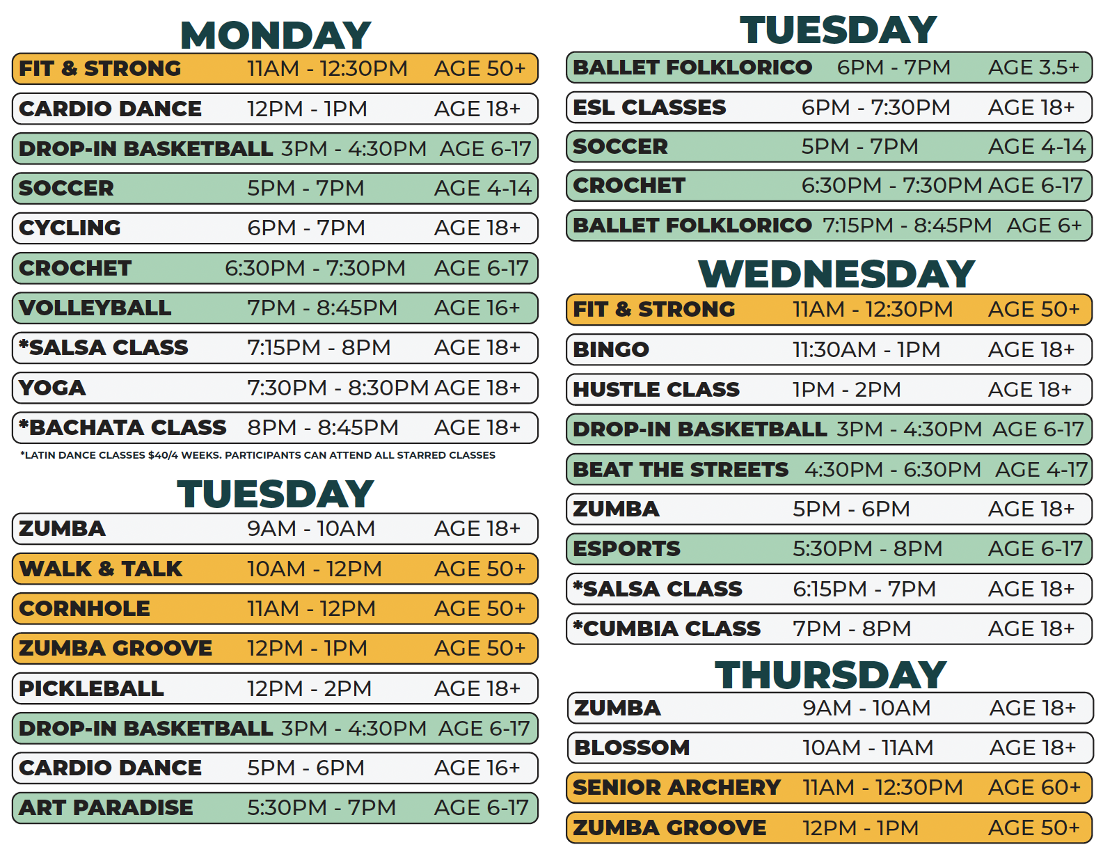 Patton Recreation Center Spring 2026 Schedule (Mon - Th)