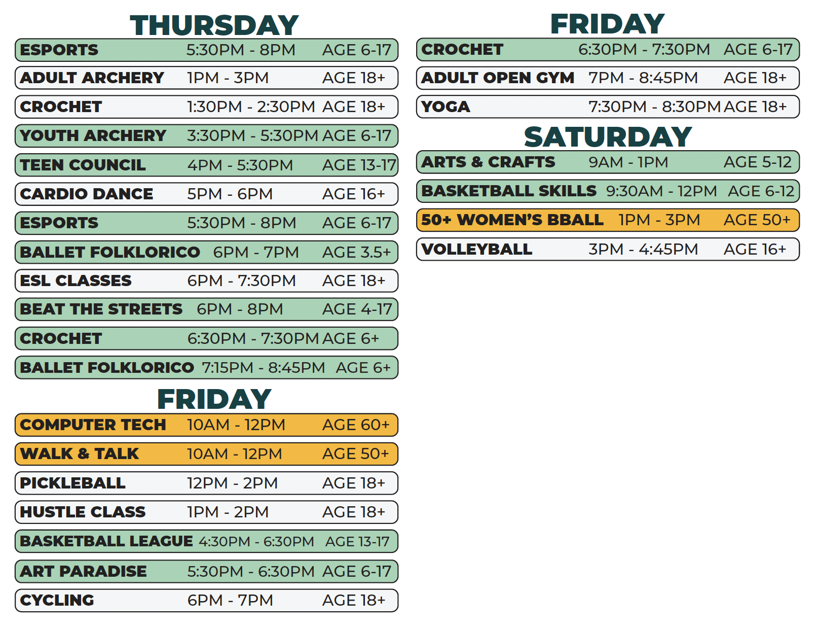 Patton Recreation Center Spring 2026 Schedule (Th - Sat)