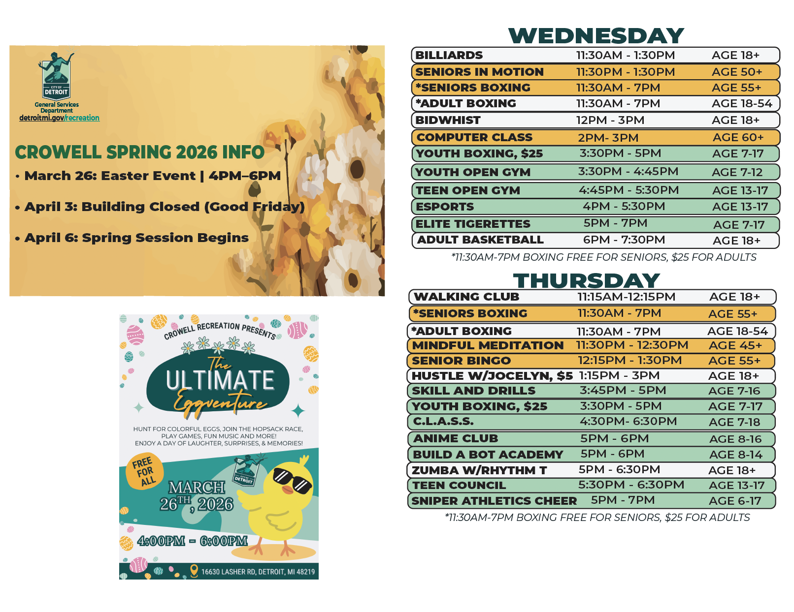 Crowell Recreation Center Spring 2026 Schedule - Wednesday/Thursday