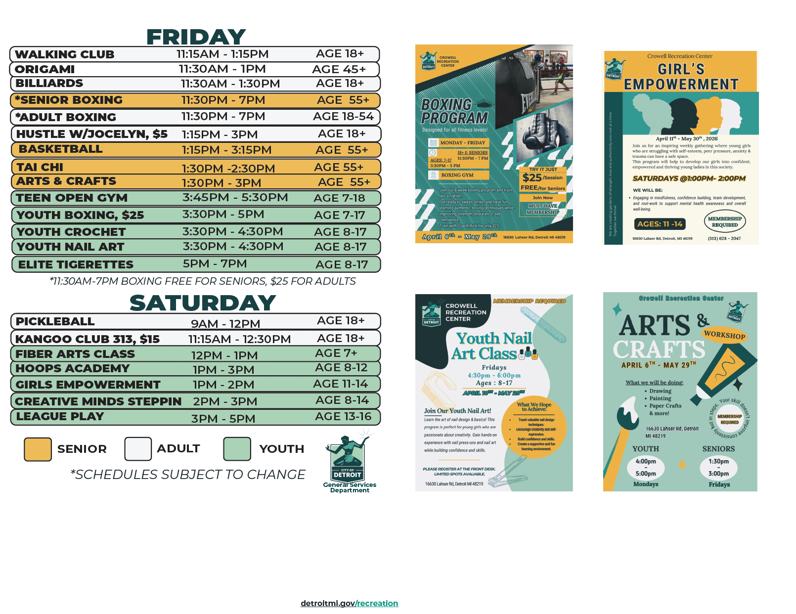 Crowell Recreation Center Spring 2026 Schedule - Friday/Saturday