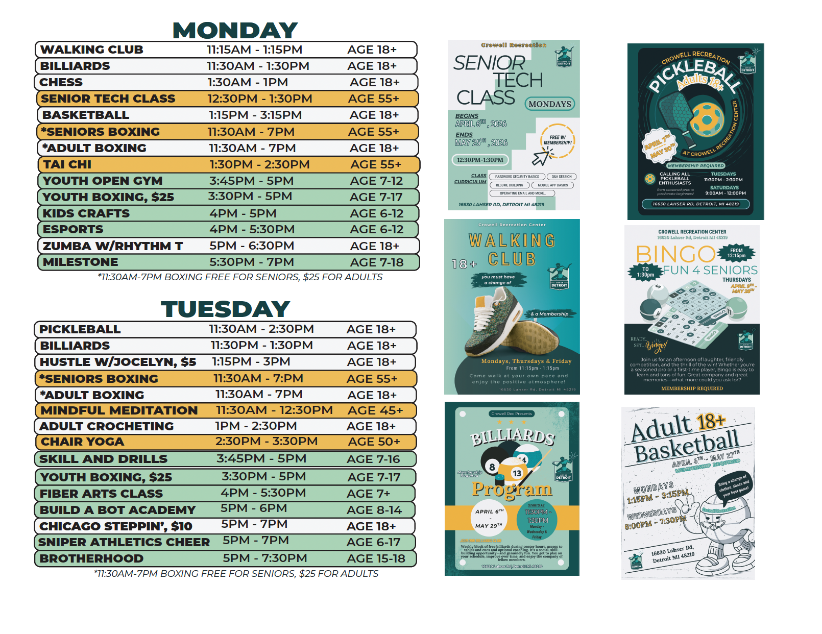 The Monday/Tuesday Schedule for Crowell Recreation Center - Spring Summer