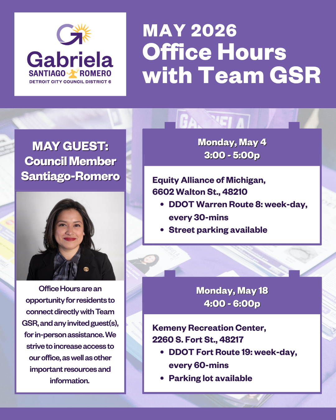Flyer with details on Council Member Santiago-Romero's May Office Hours schedule